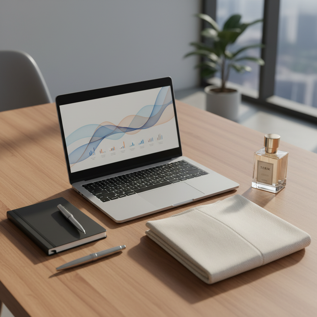 A curated flat lay of an entrepreneur’s minimalist workspace on a warm wooden desk: an open brushed-aluminum laptop displaying abstract graphs, a slim black notebook, a fountain pen, and a folded piece of Terik apparel with a refined woven texture. Beside them, a Terik perfume bottle adds a luxurious touch. Soft, diffused morning light from an unseen window creates gentle, clean shadows and emphasizes textures. The background falls off into a blurred hint of a city apartment interior. Photographic realism, shot from a bird’s-eye view with balanced composition, evokes discipline, strategy, and sophisticated Malaysian entrepreneurship without showing any people.