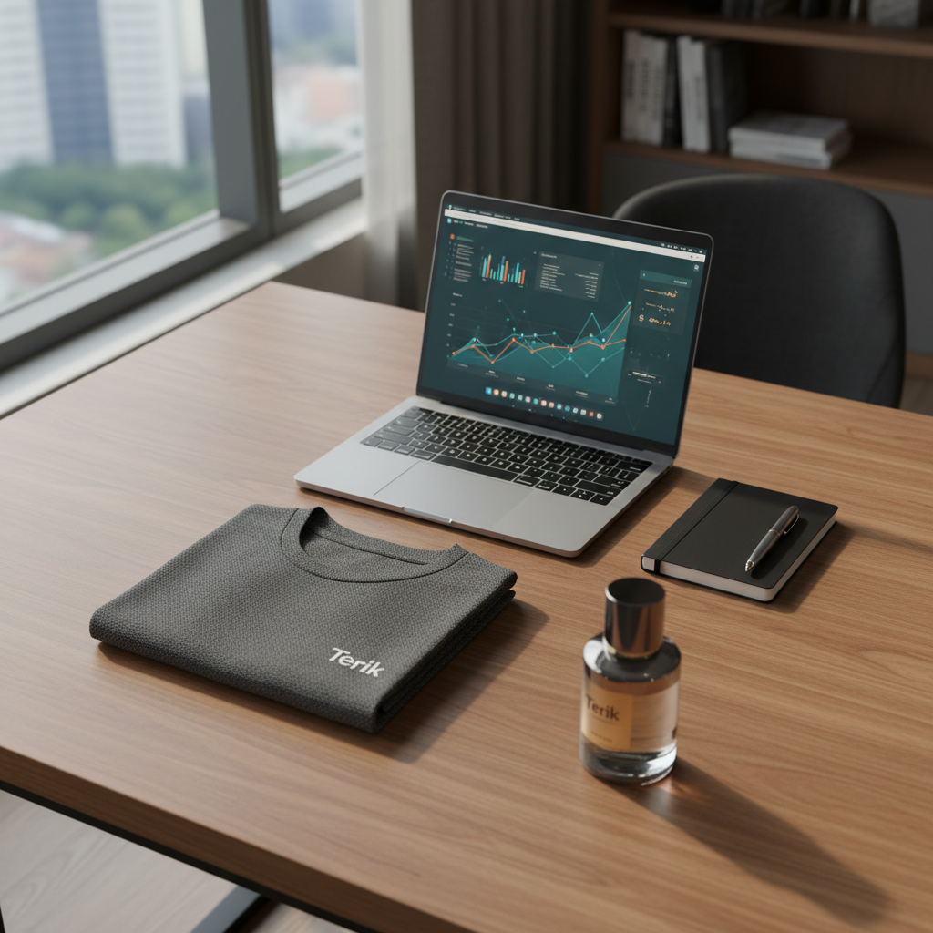 A curated flat lay of an entrepreneur’s minimalist workspace on a warm wooden desk: an open brushed-aluminum laptop displaying abstract graphs, a slim black notebook, a fountain pen, and a folded piece of Terik apparel with a refined woven texture. Beside them, a Terik perfume bottle adds a luxurious touch. Soft, diffused morning light from an unseen window creates gentle, clean shadows and emphasizes textures. The background falls off into a blurred hint of a city apartment interior. Photographic realism, shot from a bird’s-eye view with balanced composition, evokes discipline, strategy, and sophisticated Malaysian entrepreneurship without showing any people.