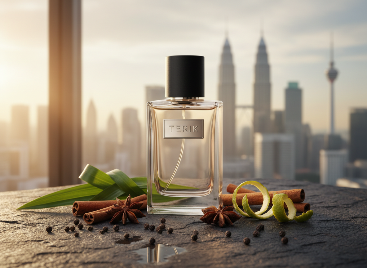 A sleek glass bottle of Terik perfume with a matte black cap and minimalist metallic label, standing upright on a dark stone surface. Around it, carefully placed fragments of Malaysian spices, pandan leaves, and bergamot peel hint at a sophisticated, local-inspired fragrance profile. Soft golden hour window light streams from the side, creating gentle highlights on the glass edges and subtle reflections on the stone. The background is an out-of-focus modern Kuala Lumpur skyline seen through a large window. Photographic realism, shot at eye level with a shallow depth of field, conveys a premium, entrepreneurial brand rooted in Malaysia yet globally minded.