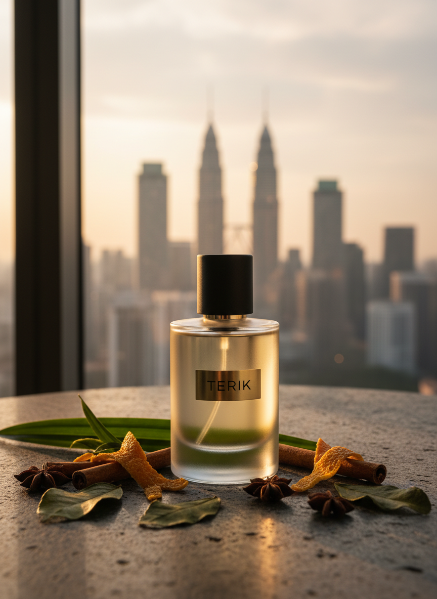 A sleek glass bottle of Terik perfume with a matte black cap and minimalist metallic label, standing upright on a dark stone surface. Around it, carefully placed fragments of Malaysian spices, pandan leaves, and bergamot peel hint at a sophisticated, local-inspired fragrance profile. Soft golden hour window light streams from the side, creating gentle highlights on the glass edges and subtle reflections on the stone. The background is an out-of-focus modern Kuala Lumpur skyline seen through a large window. Photographic realism, shot at eye level with a shallow depth of field, conveys a premium, entrepreneurial brand rooted in Malaysia yet globally minded.