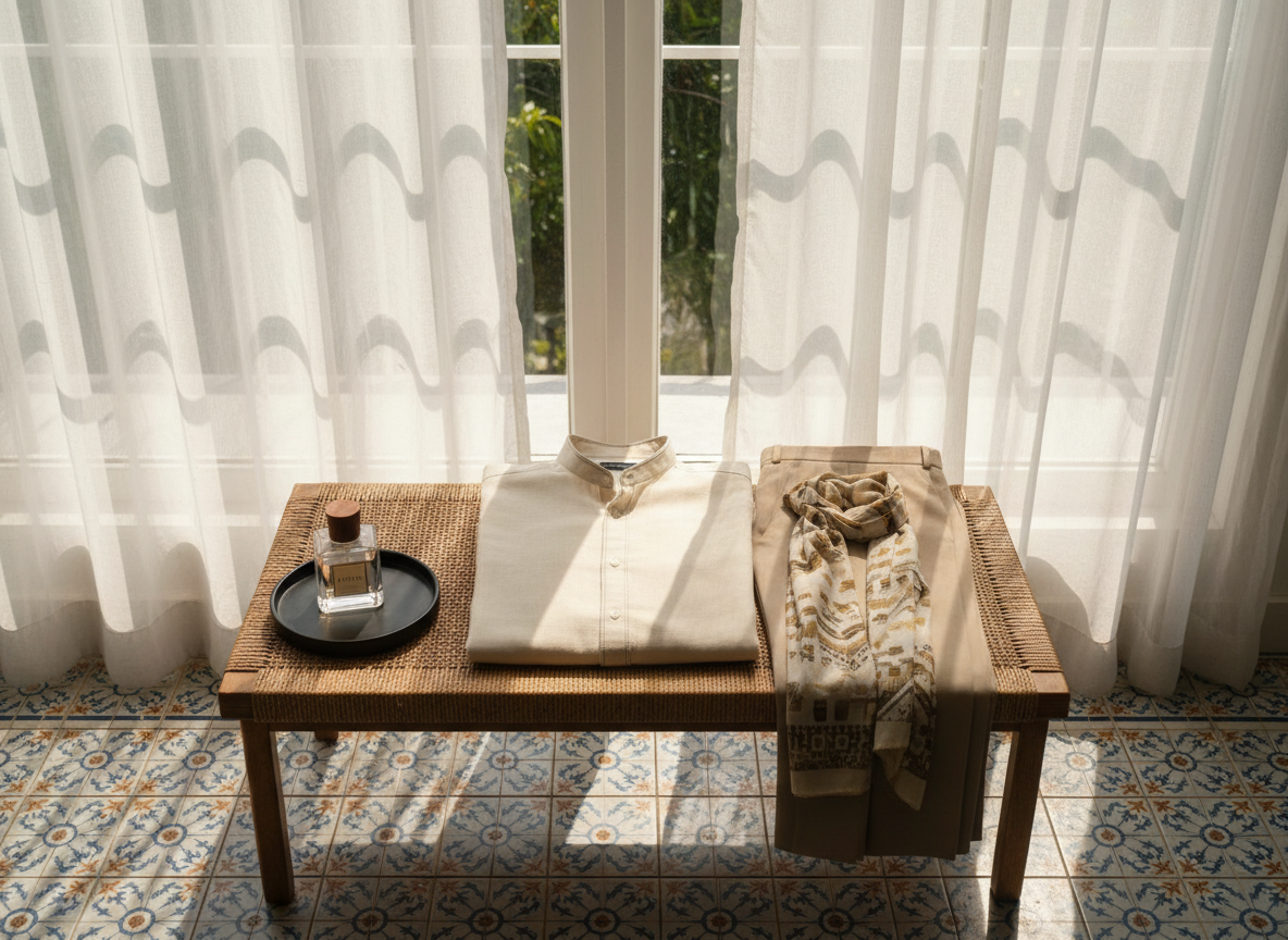 A neatly arranged Terik apparel outfit laid out on a low rattan bench: a tailored neutral-toned shirt, structured trousers, and a subtle scarf, all with fine stitching and premium fabric textures. Next to the clothing, a Terik perfume bottle rests on a small lacquered wooden tray. The bench sits on a patterned Malaysian tile floor near a tall window framed by sheer curtains. Late afternoon tropical light pours in, casting delicate shadows and warm highlights. Photographic realism, shot from a slightly elevated angle, creates a calm, aspirational lifestyle mood that reflects a refined, Malaysian-rooted brand identity.