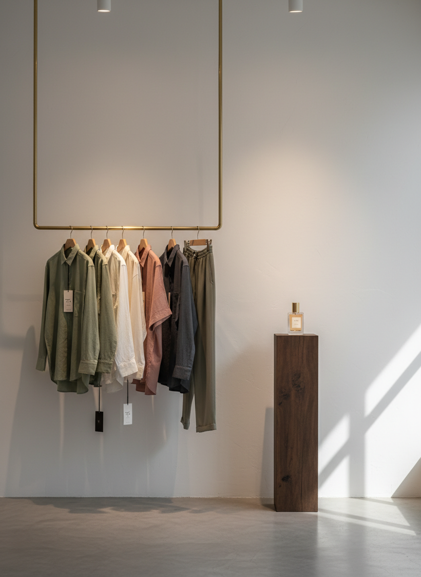 A stylish boutique display inside a modern Malaysian retail space: Terik apparel pieces in muted, refined tones hang on a single slim rail made of brushed brass, while a narrow pedestal showcases a Terik perfume bottle under a focused spotlight. The floor is polished concrete, and the walls are smooth off-white with subtle texture. Soft diffused overhead lighting combines with a hint of natural light from an unseen window, creating clean shadows and a gallery-like atmosphere. Photographic realism, shot from an eye-level perspective using the rule of thirds, communicates a premium, authentic brand presence without showing any customers or staff.