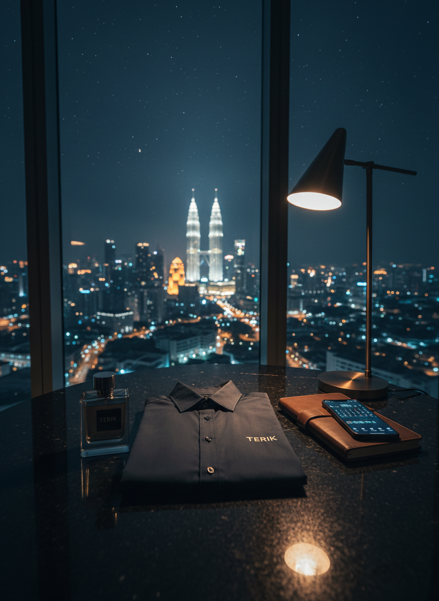 A night-time cityscape of Kuala Lumpur seen through a floor-to-ceiling window, with the Petronas Towers softly blurred in the distance. In the foreground on a sleek black stone table, a Terik perfume bottle and a neatly folded dark-toned Terik shirt sit beside a minimalist leather-bound planner and smartphone. Cool ambient city light mixes with a warm desk lamp glow, creating a sophisticated contrast on the glass and fabric surfaces. Photographic realism, captured from a low angle emphasizing the products against the expansive city backdrop, evoking the ambition, late-night strategy, and global aspiration of a Malaysian entrepreneur.