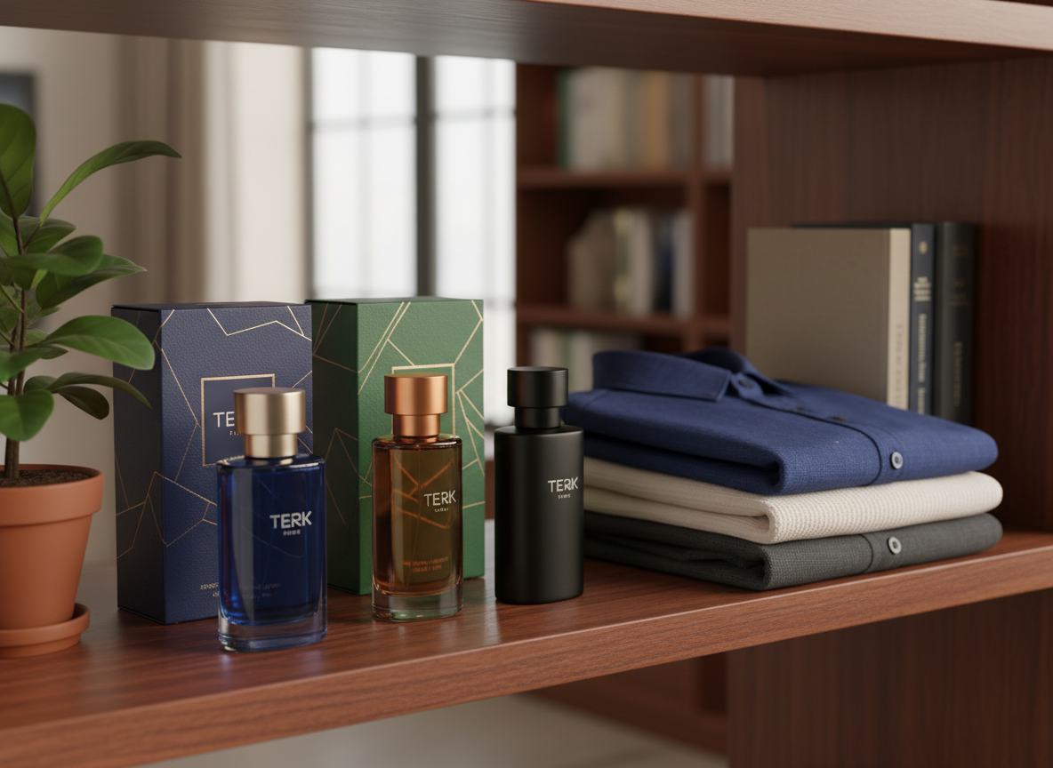 A close-up of a polished dark wooden shelf in a modern Malaysian home office, displaying a small collection of Terik perfume bottles and meticulously folded apparel pieces. Each bottle has distinct but cohesive packaging, with subtle metallic accents and deep, sophisticated colors. A few business books with unbranded spines and a small, leafy indoor plant complete the scene. Soft studio-style lighting mimics natural window light, illuminating the products while leaving the background in gentle shadow. Photographic realism, shot at a three-quarter angle with shallow depth of field, conveys a premium, curated brand built by a thoughtful entrepreneur.
